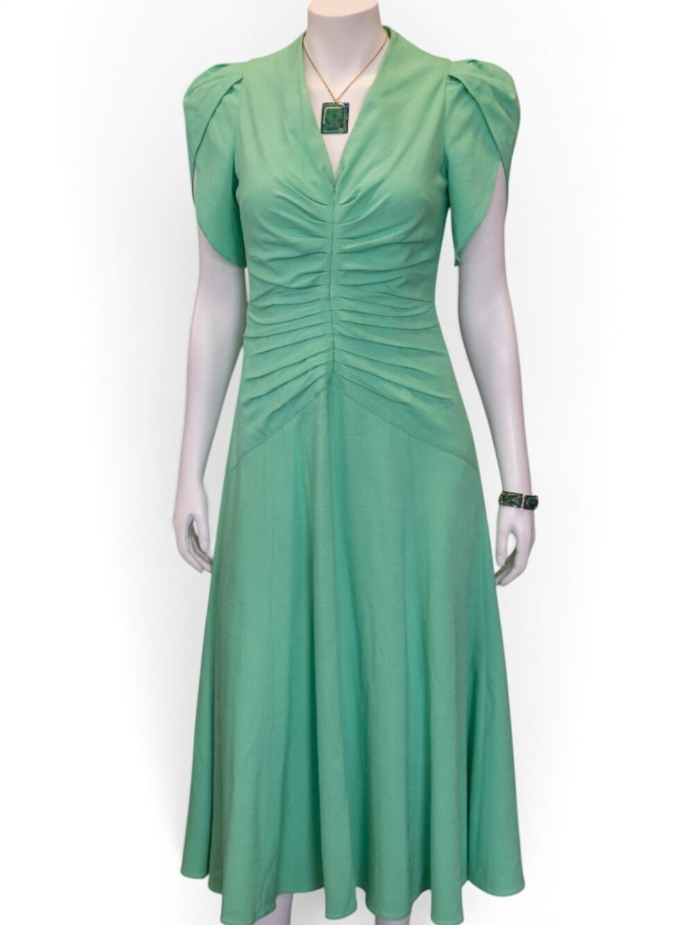 ME+EM Mint Green Ruched Midi Dress NWT | Flutter Sleeve | UK 10 / US 6